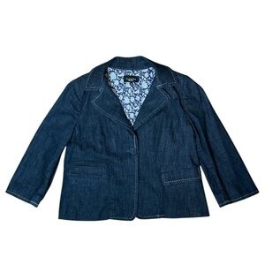 Talbots navy dark wash fully lined fitted denim single closure jacket 3/4 sleeve